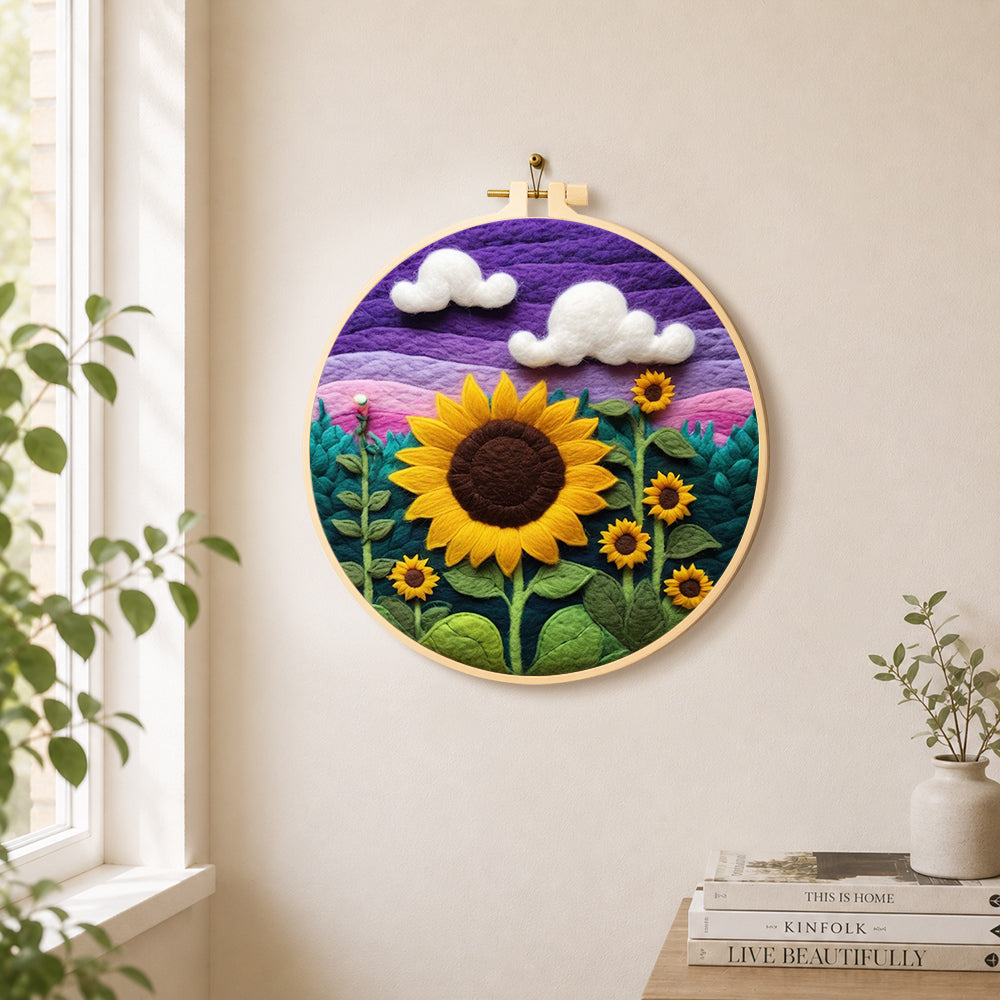 Sunflowers under purple sky needle felt wall art displayed in a bright home interior