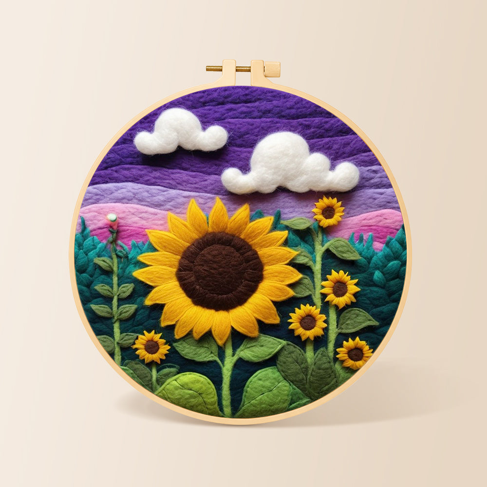 Sunflowers under purple sky needle felting kit for beginners with a round wooden frame