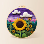 Sunflowers under purple sky needle felting kit for beginners with a round wooden frame
