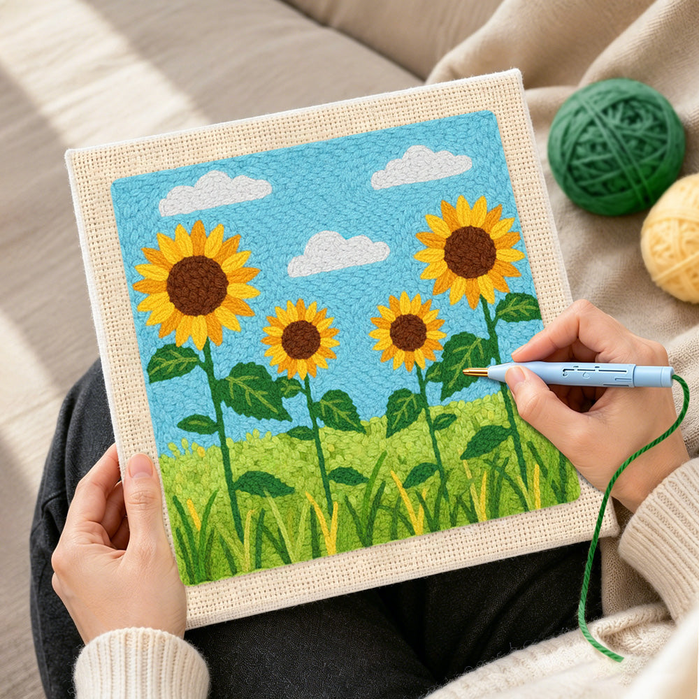 Creating handmade sunflowers under the sky punch needle artwork