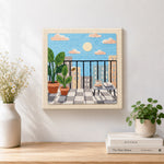 Finished sunny balcony and potted plants artwork displayed on a wall