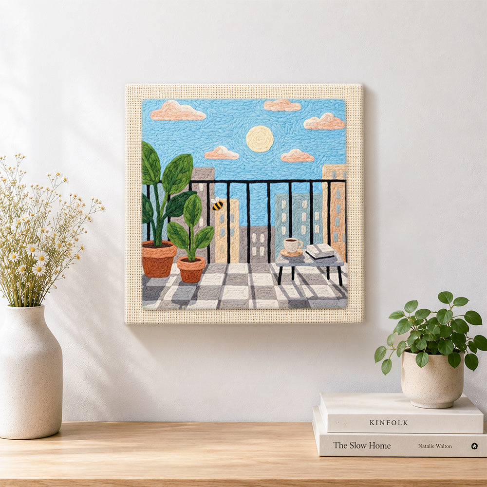 Finished sunny balcony and potted plants artwork displayed on a wall
