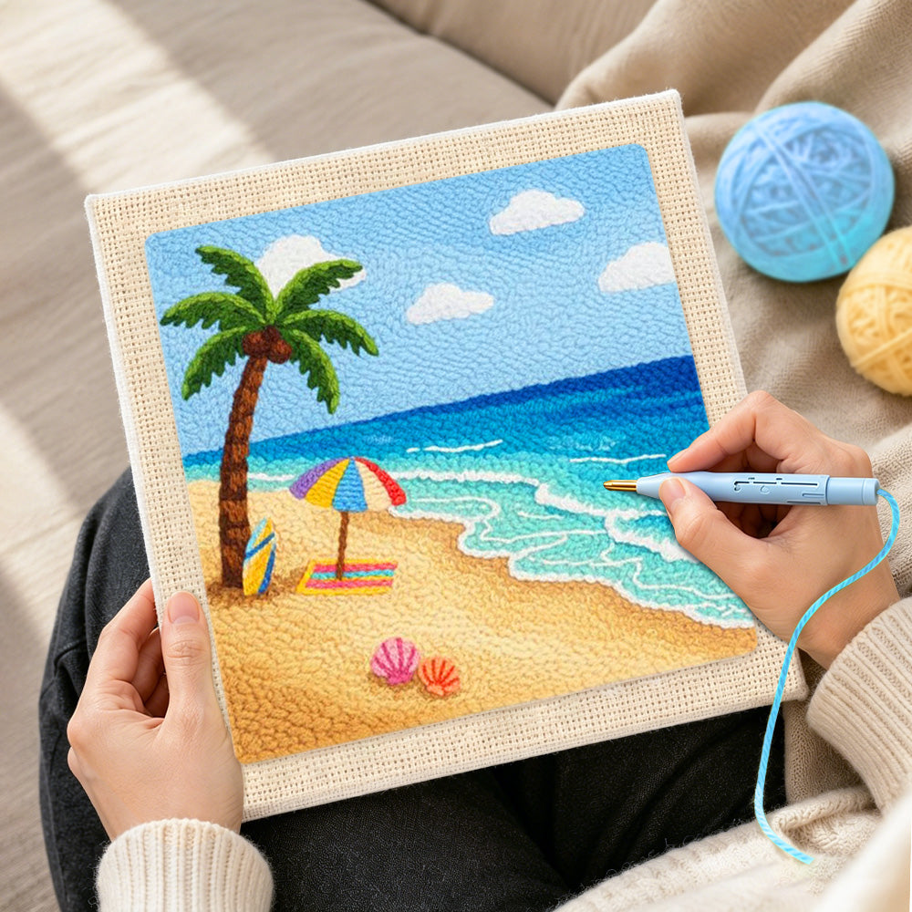 Creating handmade sunny beach, umbrella and surfboard punch needle artwork