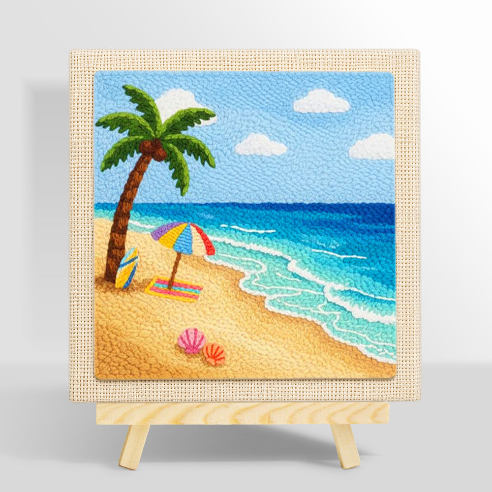 Sunny beach, umbrella and surfboard punch needle kit for beginners
