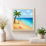 Finished sunny beach, umbrella and surfboard artwork displayed on a wall