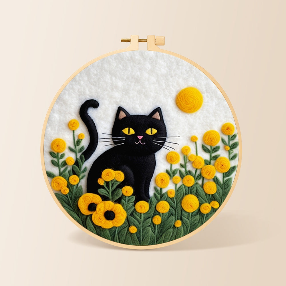Sunny black cat in yellow flowers needle felting kit for beginners with a round wooden frame