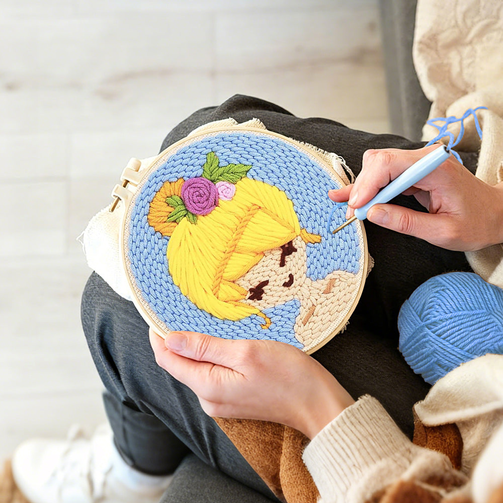Creating handmade sunny blonde girl punch needle artwork