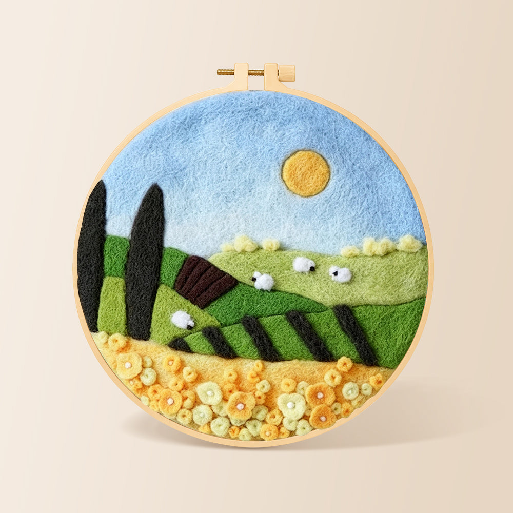 Sunny hillside and yellow flower field needle felting kit for beginners with a round wooden frame