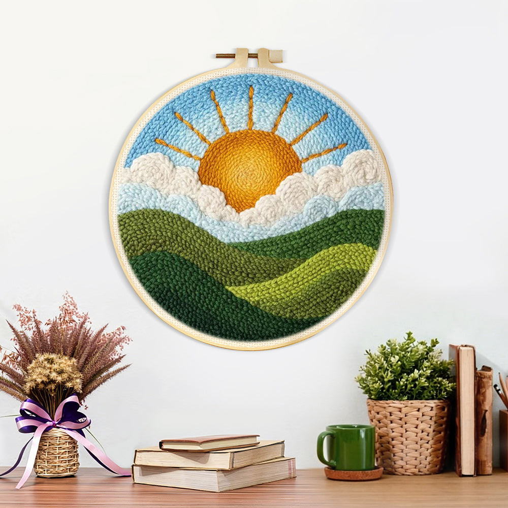 Finished sunny morning over green hills artwork displayed on a wall