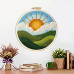 Finished sunny morning over green hills artwork displayed on a wall