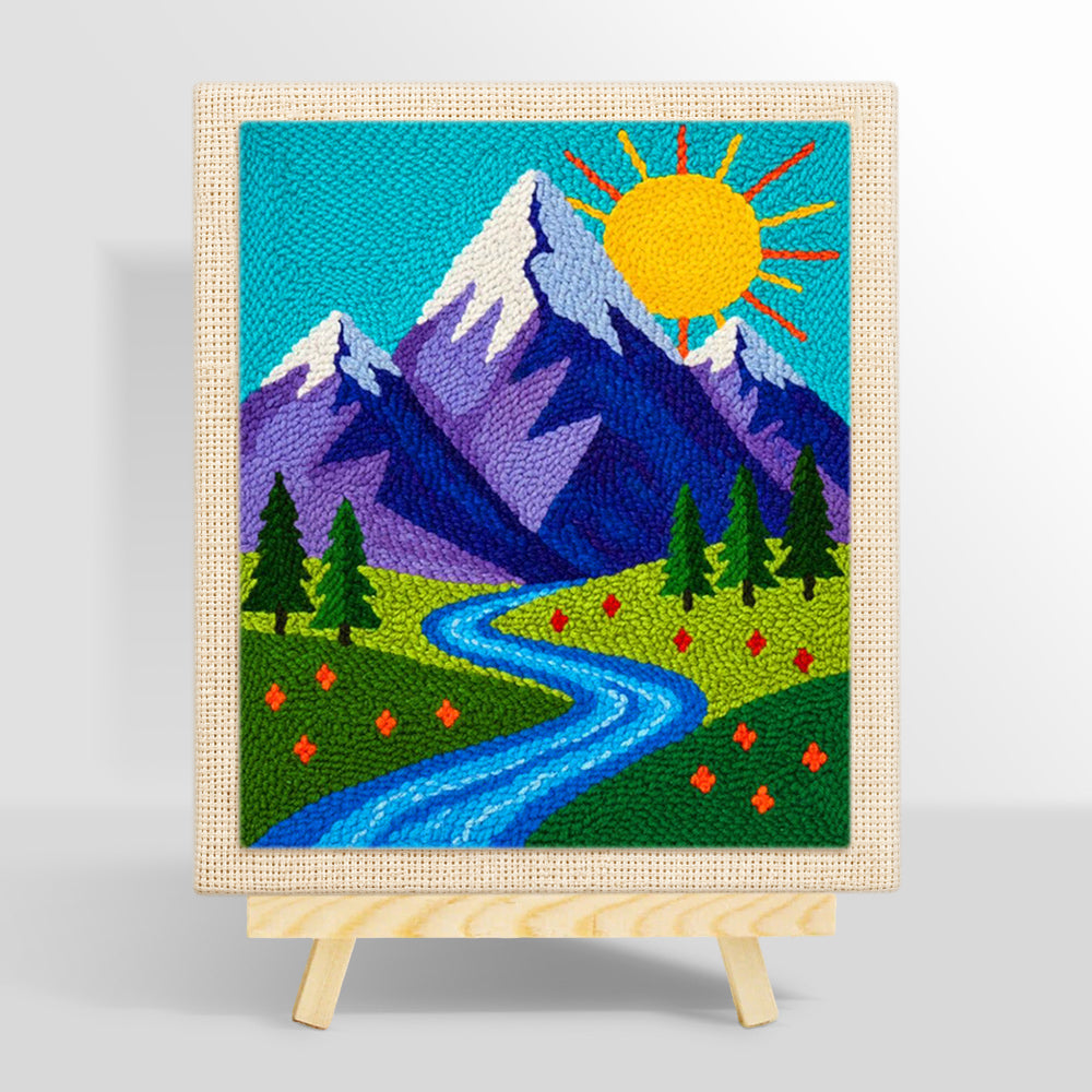Sunny mountain and blue meandering stream punch needle kit for beginners