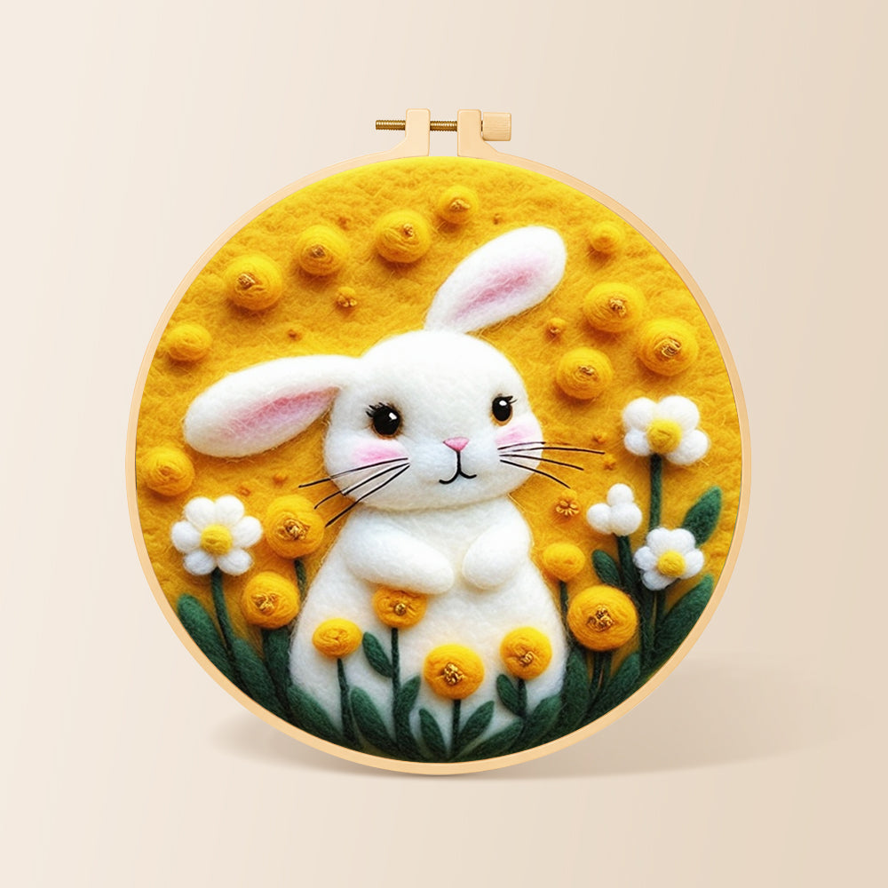 Sunny white bunny and yellow flowers needle felting kit for beginners with a round wooden frame