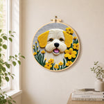 Sunny yellow floral puppy needle felt wall art displayed in a bright home interior