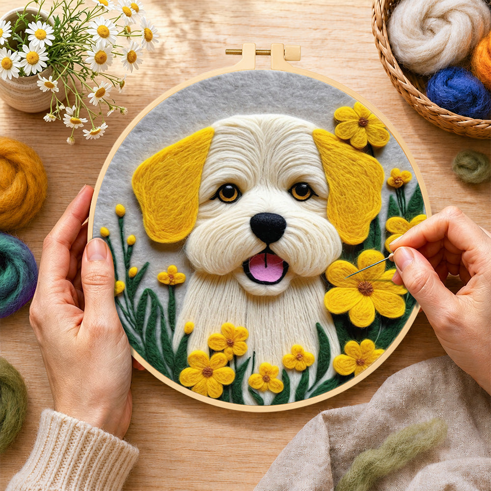 Creating the sunny yellow floral puppy wool painting by hand with a felting needle