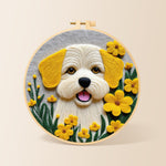 Sunny yellow floral puppy needle felting kit for beginners with a round wooden frame
