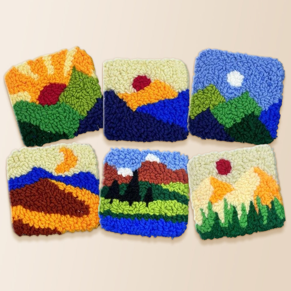 Sunrise, moon and mountains punch needle coaster kit finished handmade coasters