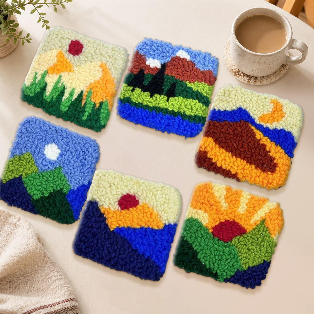 Sunrise, moon and mountains punch needle coasters used for home decoration