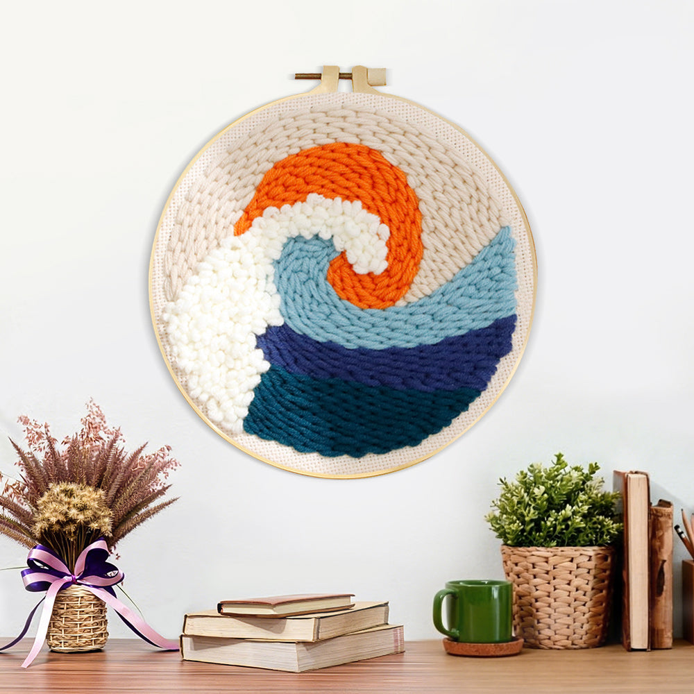 Finished sunrise waves artwork displayed on a wall