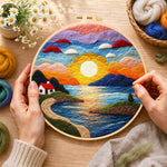 Creating the sunset and seaside cottage wool painting by hand with a felting needle