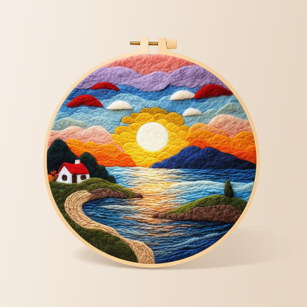 Sunset and seaside cottage needle felting kit for beginners with a round wooden frame