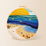 Sunset beach and blue rolling waves needle felting kit for beginners with a round wooden frame