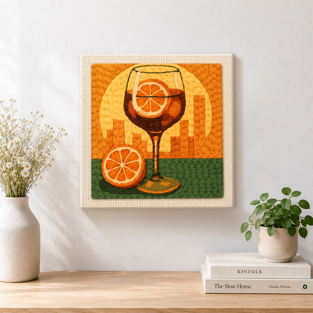 Finished sunset city cocktail artwork displayed on a wall