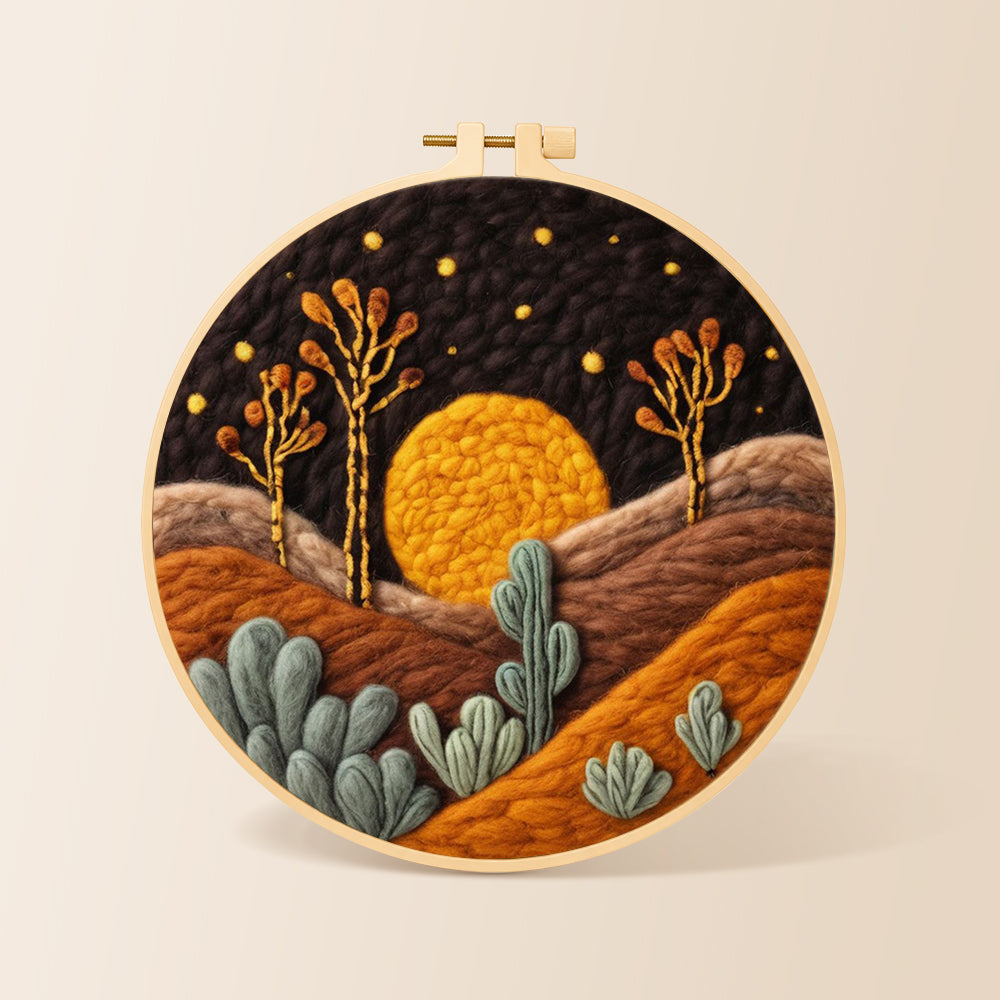 Sunset in the desert needle felting kit for beginners with a round wooden frame