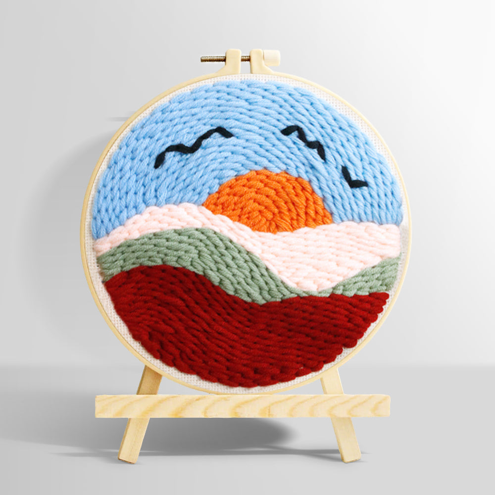 Sunset mountains and birds punch needle kit for beginners