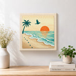 Finished sunset, palm tree and footprints artwork displayed on a wall