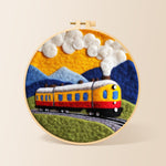 Sunset steam train needle felting kit for beginners with a round wooden frame
