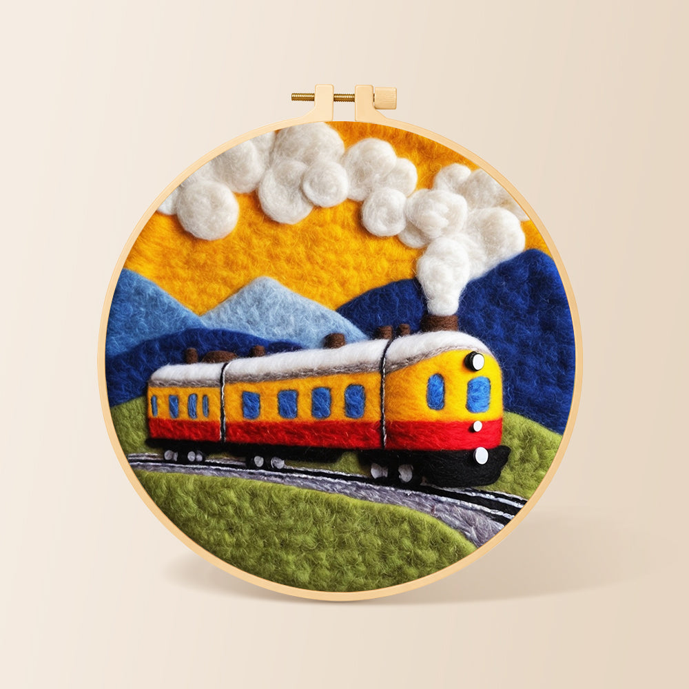 Sunset steam train needle felting kit for beginners with a round wooden frame