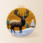 Sunset winter stag needle felting kit for beginners with a round wooden frame