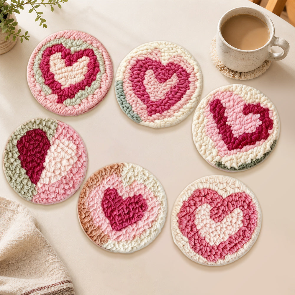 Sweet and charming layered heart punch needle coasters used for home decoration