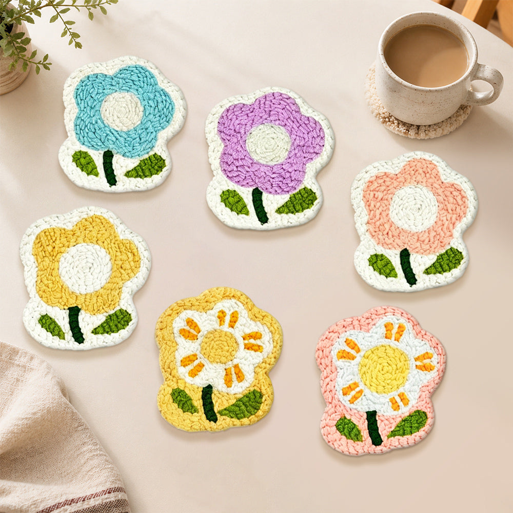 Sweet and fluffy flowers punch needle coasters used for home decoration