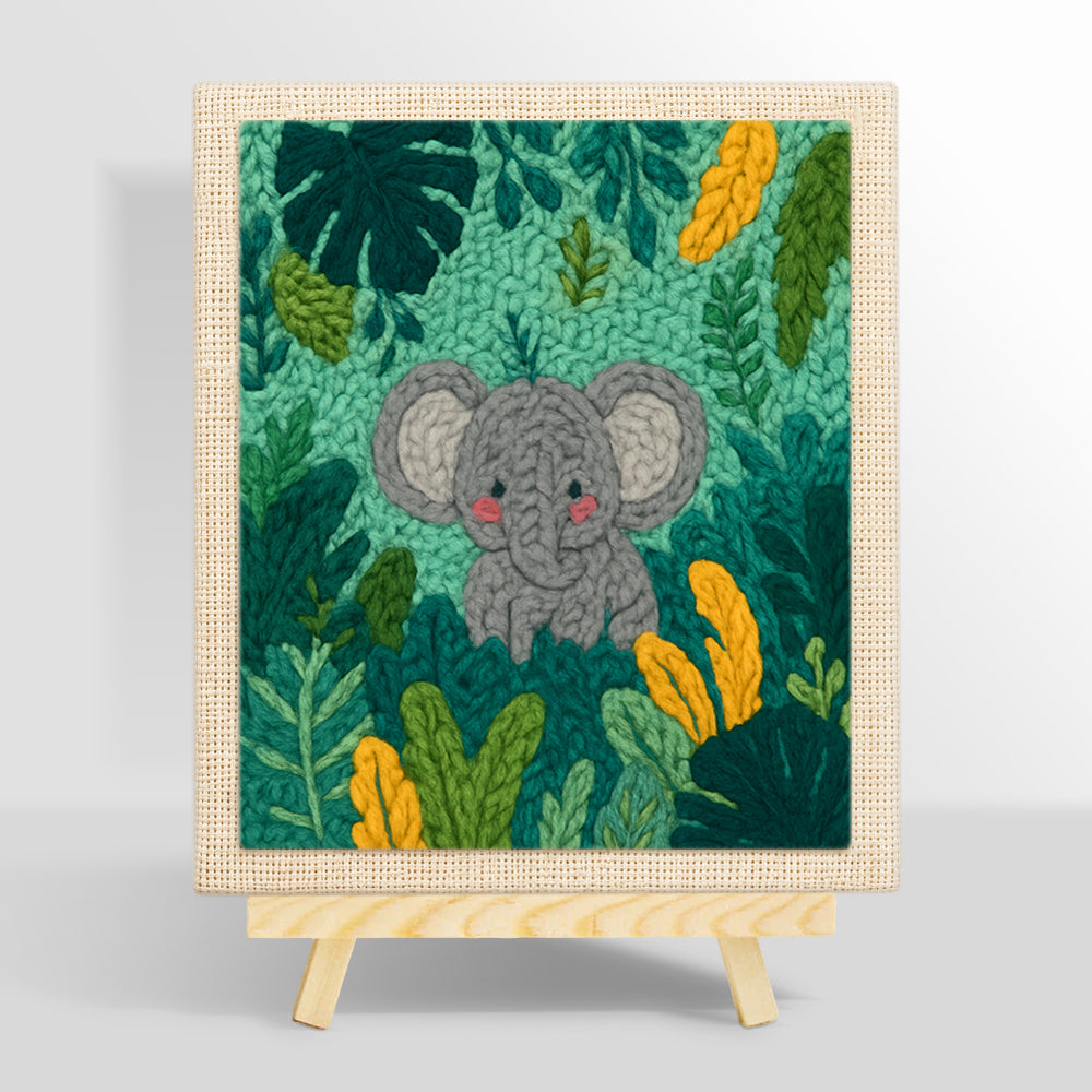 Sweet baby elephant in tropical leaves punch needle kit for beginners