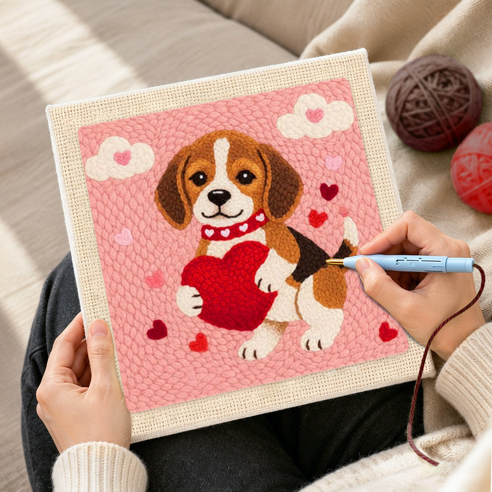 Creating handmade sweet beagle puppy holding a big heart punch needle artwork
