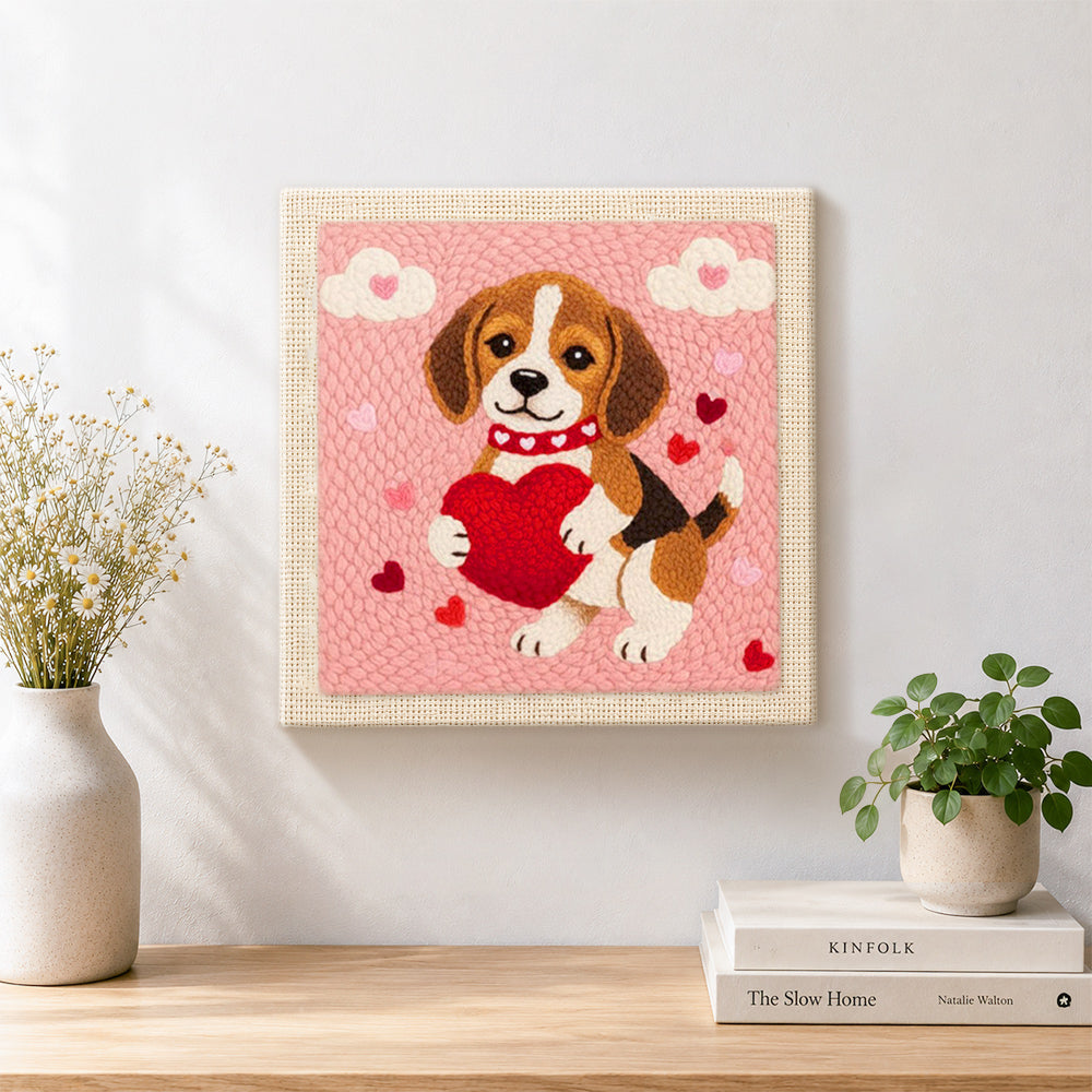 Finished sweet beagle puppy holding a big heart artwork displayed on a wall