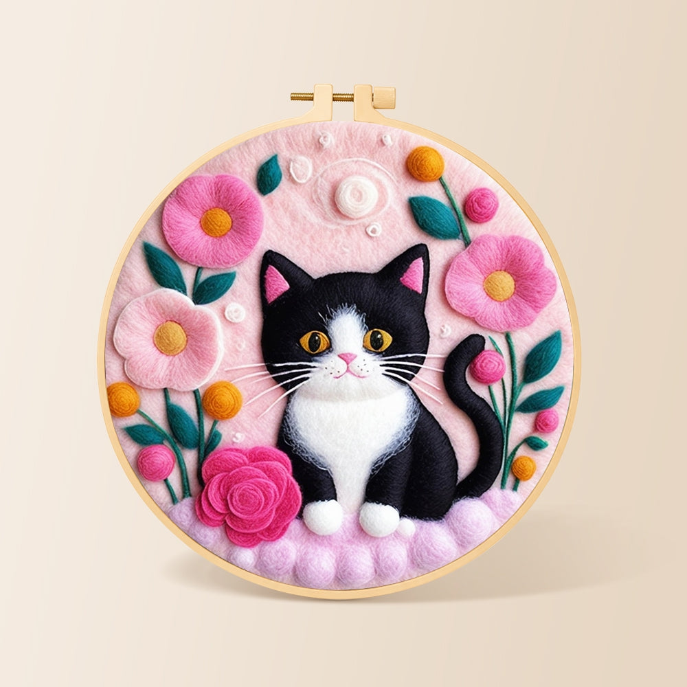 Sweet black and white cat with flowers needle felting kit for beginners with a round wooden frame