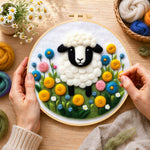 Creating the sweet black-faced lamb in floral garden wool painting by hand with a felting needle
