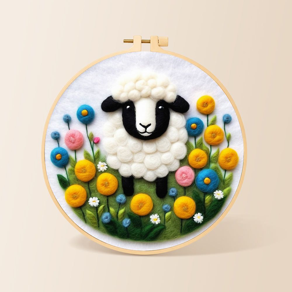 Sweet black-faced lamb in floral garden needle felting kit for beginners with a round wooden frame