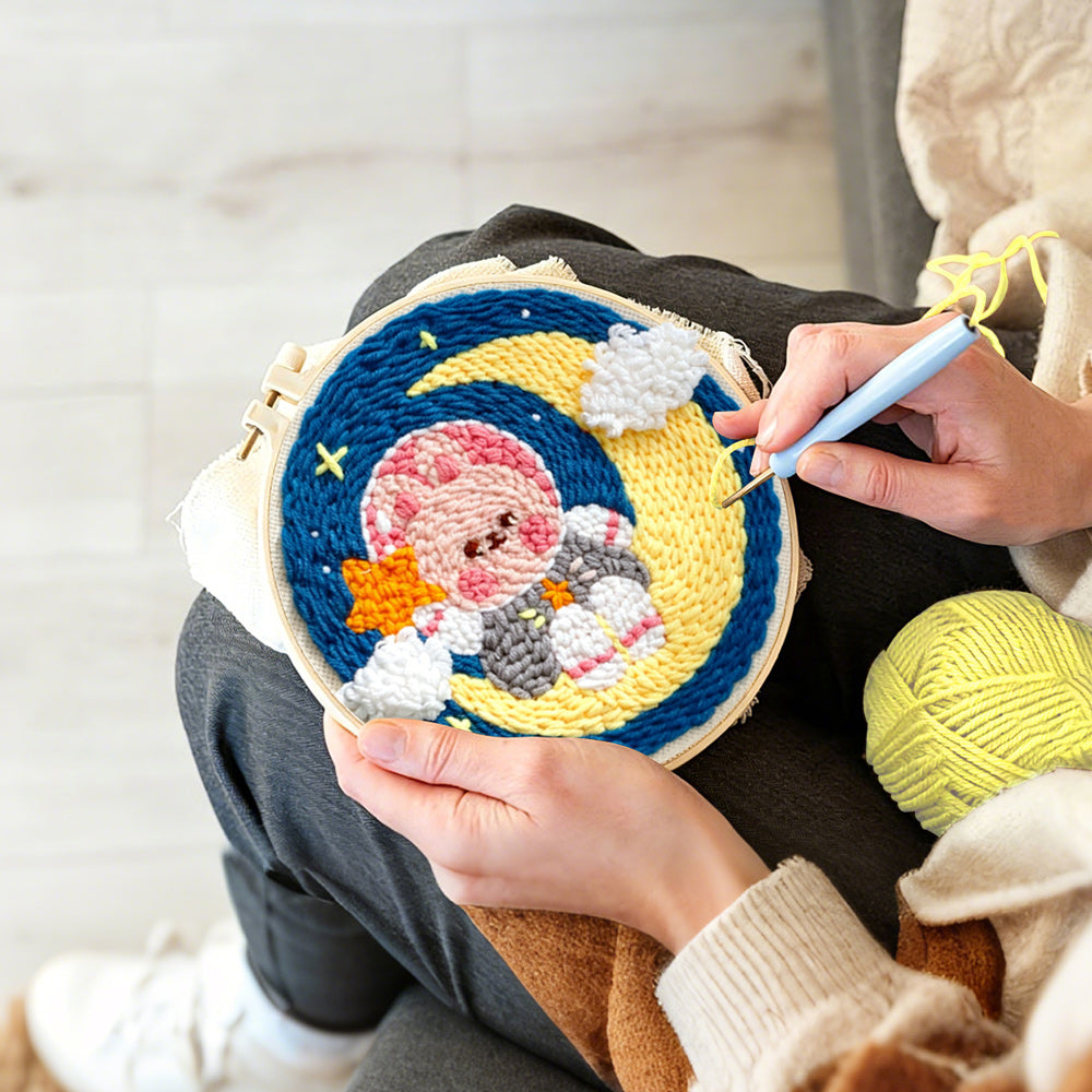 Creating handmade sweet bunny on the moon punch needle artwork