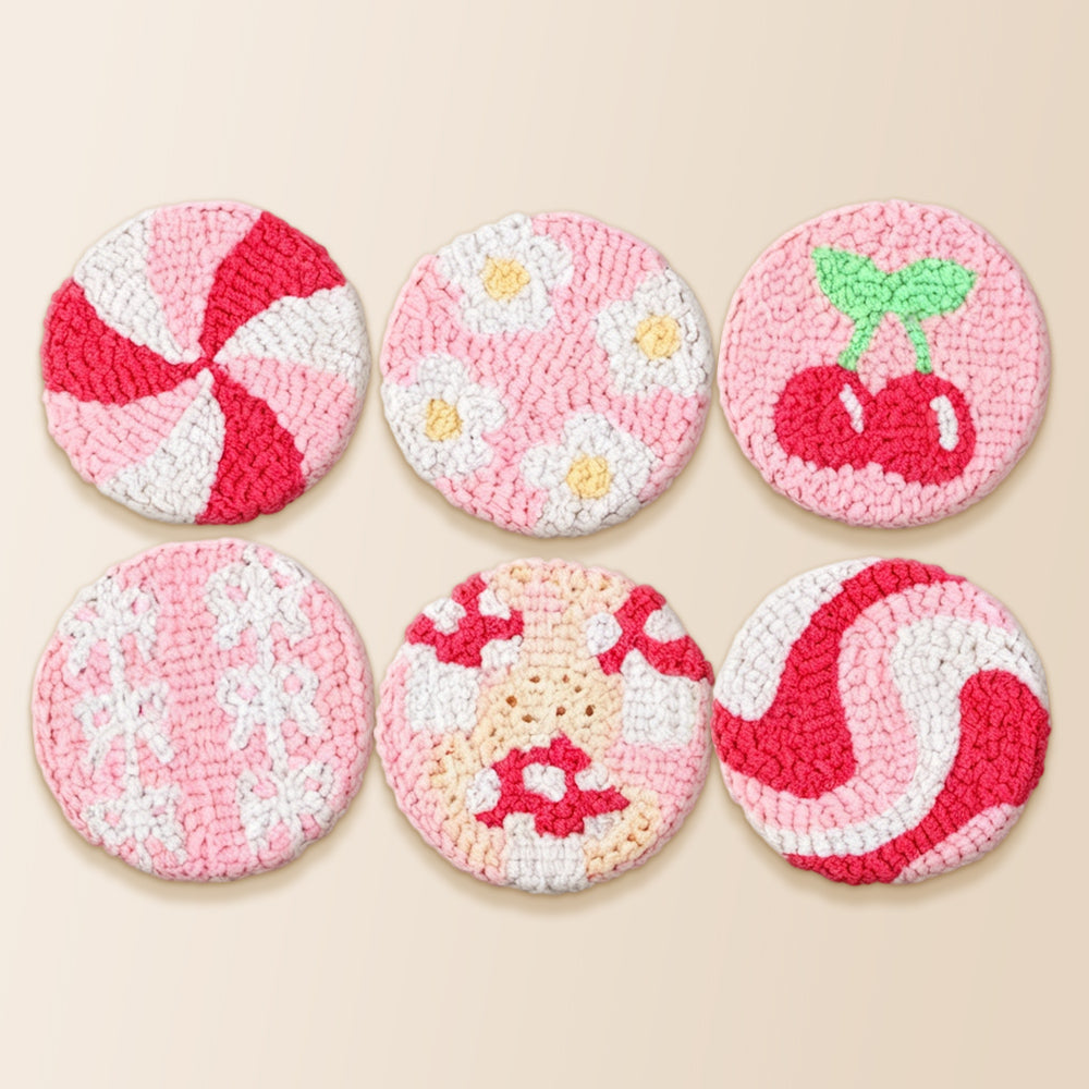Sweet candy, cherry and flower punch needle coaster kit finished handmade coasters