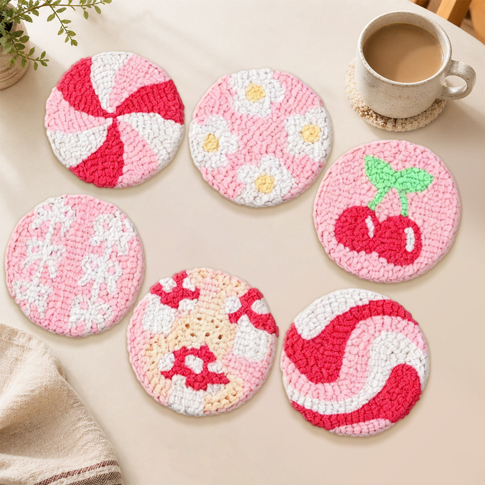 Sweet candy, cherry and flower punch needle coasters used for home decoration