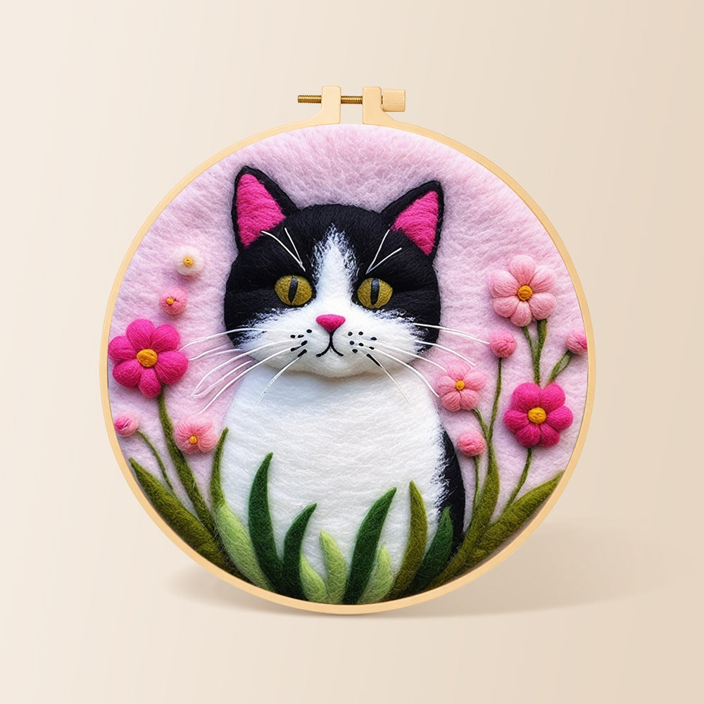 Sweet cat and vibrant pink flowers needle felting kit for beginners with a round wooden frame