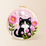 Sweet cat with pink flowers needle felting kit for beginners with a round wooden frame
