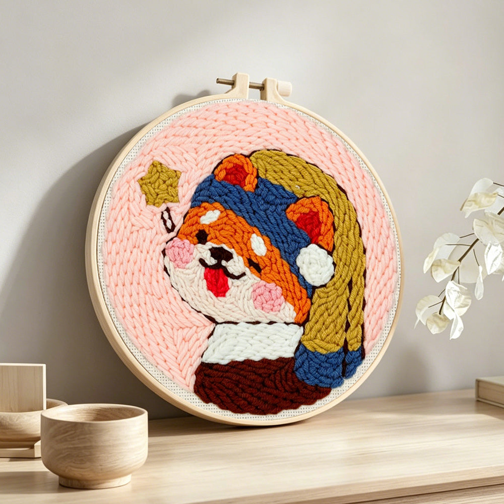 Sweet funny dog punch needle artwork displayed on a table