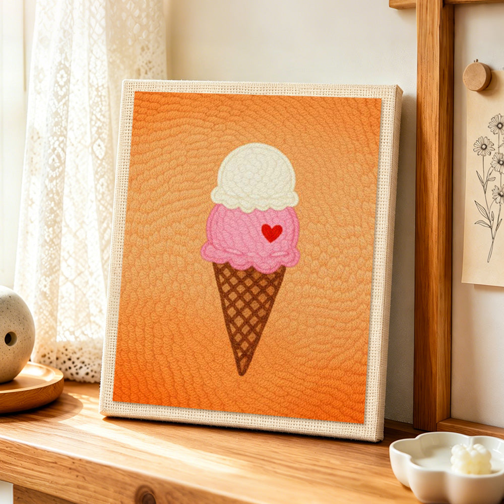 Sweet ice cream cone punch needle artwork displayed on a table