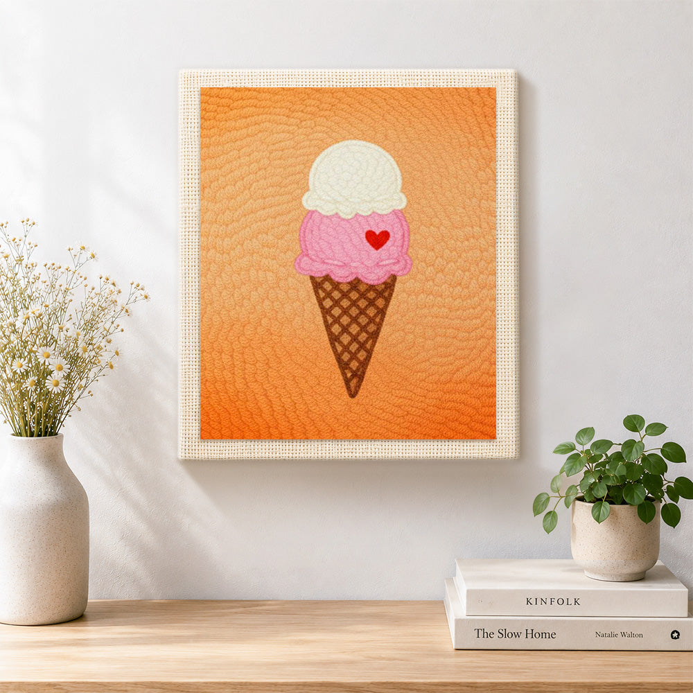 Finished sweet ice cream cone artwork displayed on a wall