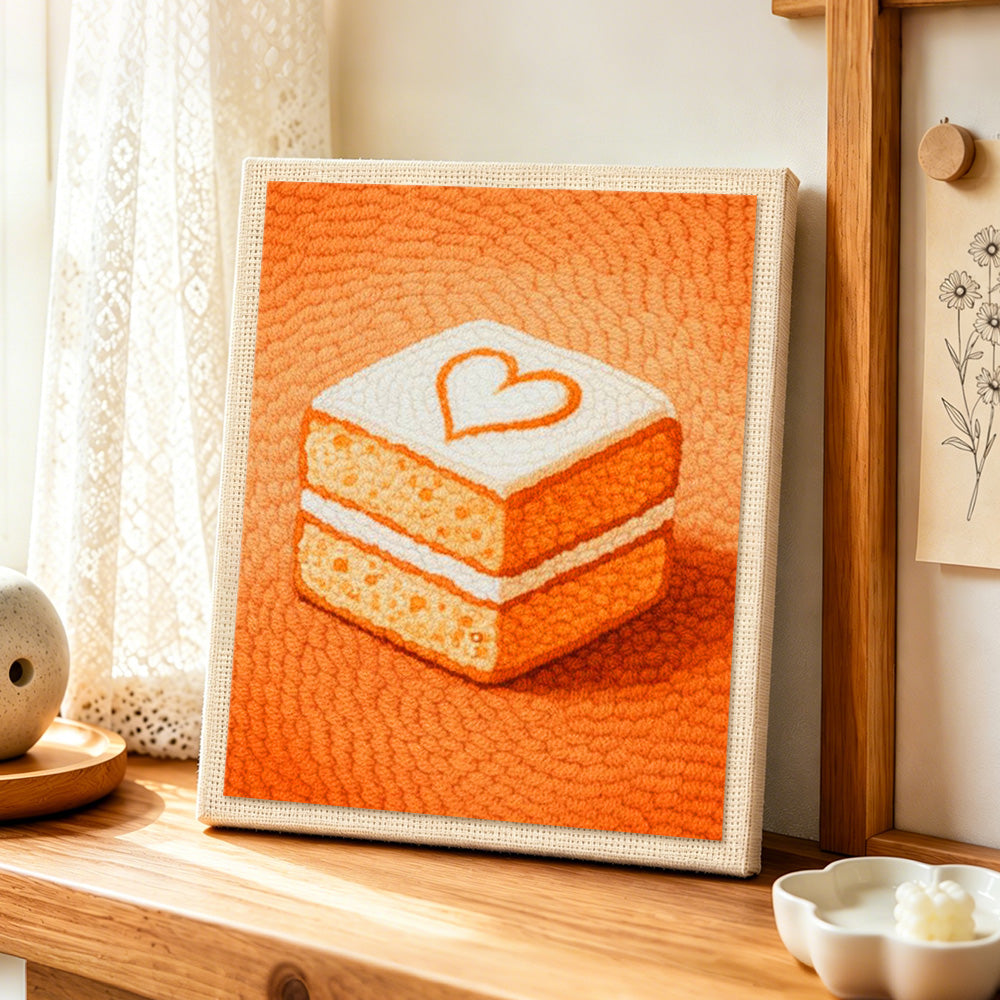 Sweet layered cake with heart punch needle artwork displayed on a table