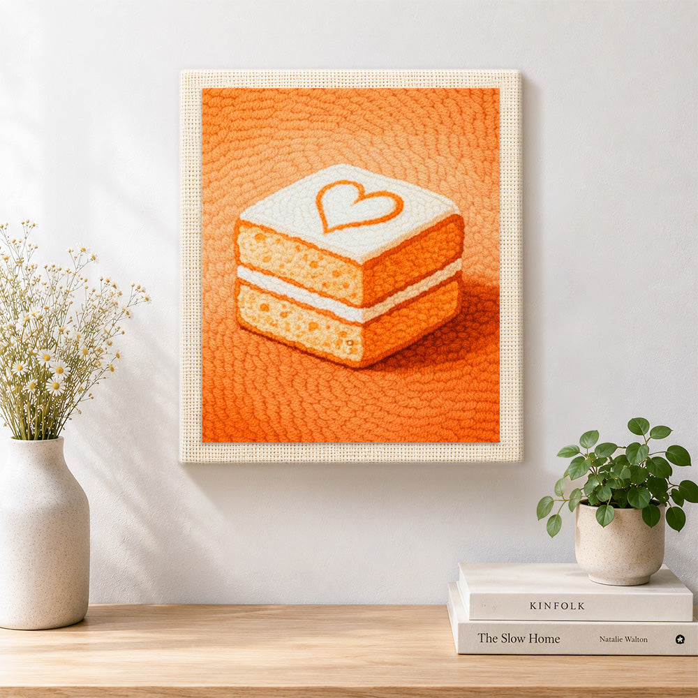 Finished sweet layered cake with heart artwork displayed on a wall